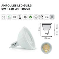 Ampoule spot led 12VDC GU5.3 blanc neutre 4000K 6W 530lm 75°                    