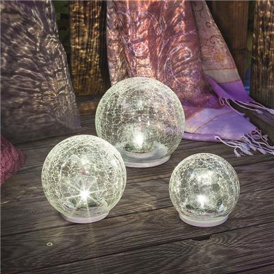 Lot de 3 x globe solaire verre craquelé Crackle Balls, 10, 12, 15 cm            