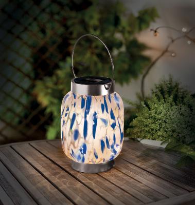 Lanterne effet verre soufflé bleu/ blanc h 17cm                                 