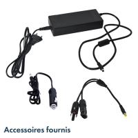 Station d'énergie autonome portative avec batterie Lithium 500 Wh, à recharge secteur, allume cigare ou solaire (non inclus), sorties 5V USB, 12V, 220V