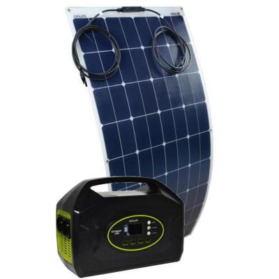 Kit complet station d'énergie autonome portative avec batterie Lithium 1000 Wh, à recharge secteur, allume cigare et solaire 120W semi-rigide, sorties 5V USB, 12V, 220V 