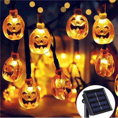 Guirlande solaire Halloween 30 citrouilles led blanc chaud, 8 modes