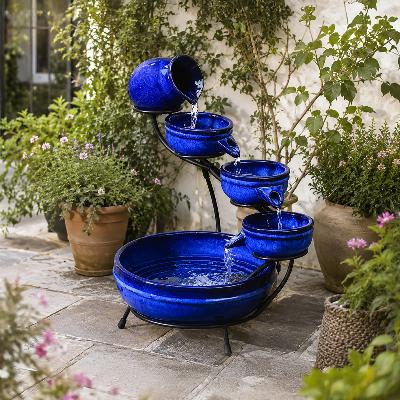 Fontaine solaire cascade Céramique bleu neptune hauteur 49cm                    