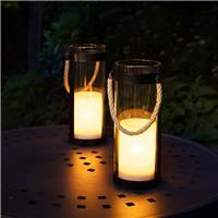 Lanterne solaire Métal Verre Corde effet bougie
