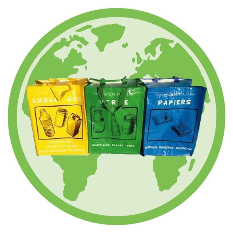 Lot de 3 sacs robustes de tri sélectif bleu, jaune, vert