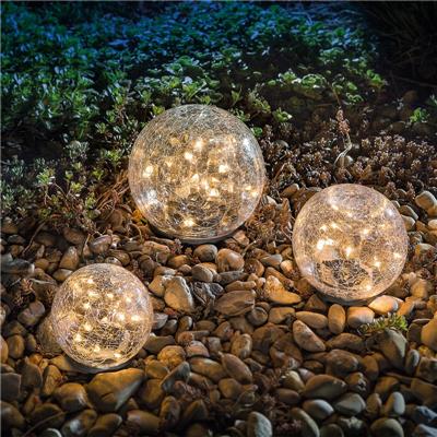 Lot de 3 x boule solaire verre craquelé Golden Balls, 10, 12, 15 cm             