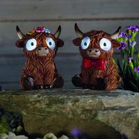 LOT DE 2 VACHES HIGHLANDS MÂLE ET FEMELLE SOLAIRES AUX YEUX INTERACTIFS 9CM     