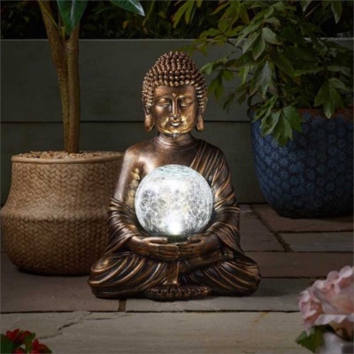 Bouddha lumineux solaire décoratif blanc chaud avec sphère craquelée            