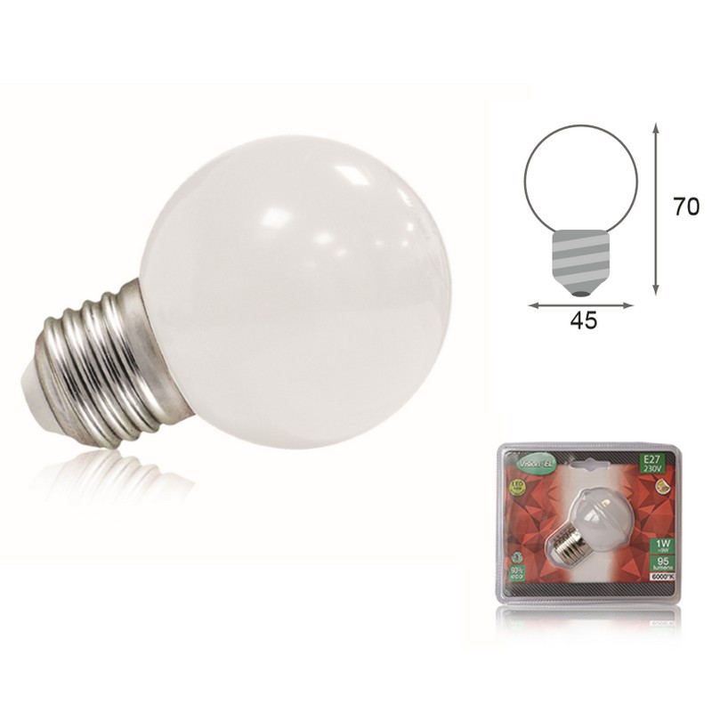 Ampoule led ronde E27 1W blanc froid 6000K SolairePratique