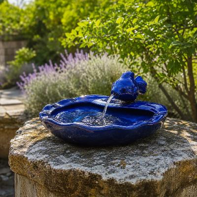 Fontaine solaire Poisson émaillé bleu hauteur 43cm                              