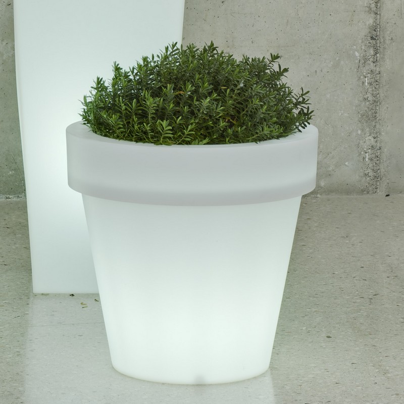 Cache pot de fleur lumineux exterieur solaire ou batterie VIOLETA 55 blanc  LED RGBW sans fil